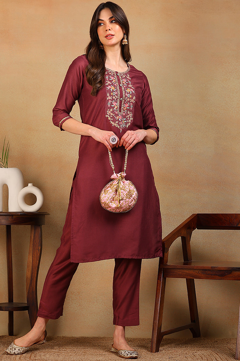 Mauve-Silk-Blend-Solid-Embroidered-Straight-Kurta