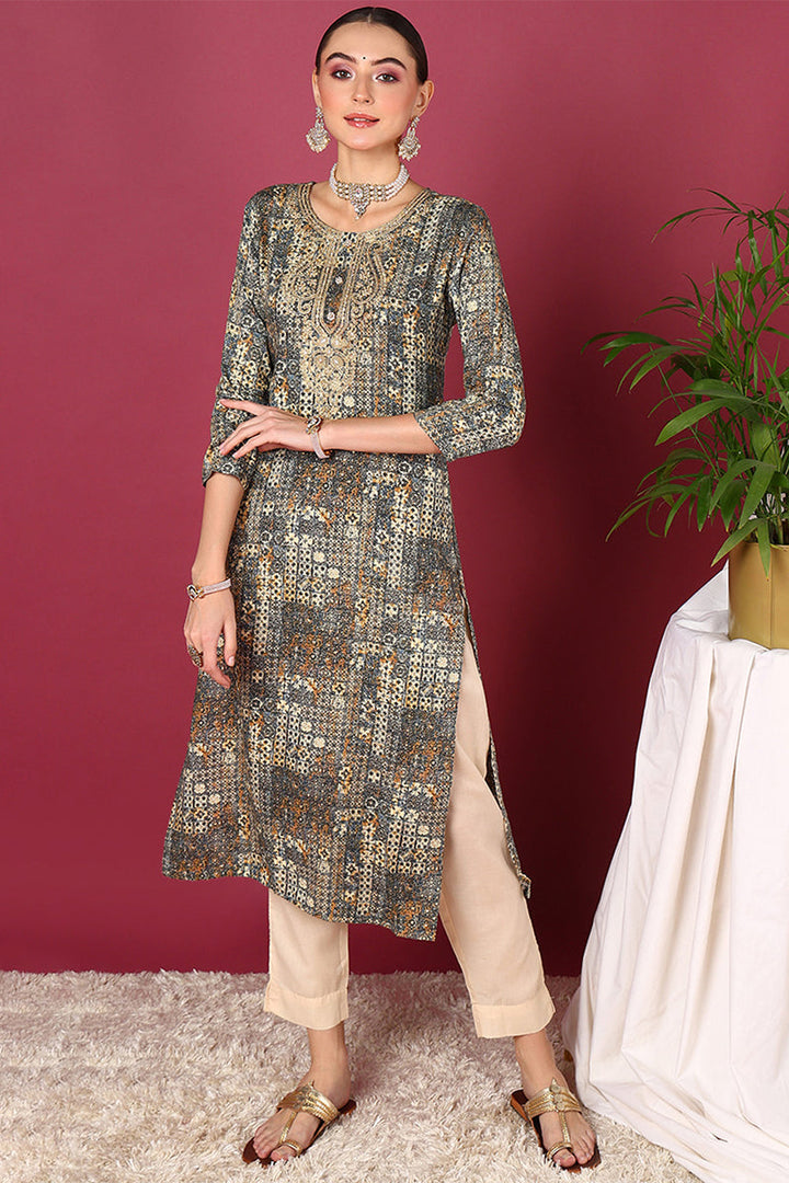 Blue Viscose Rayon Ethnic Motifs Printed Straight Kurta