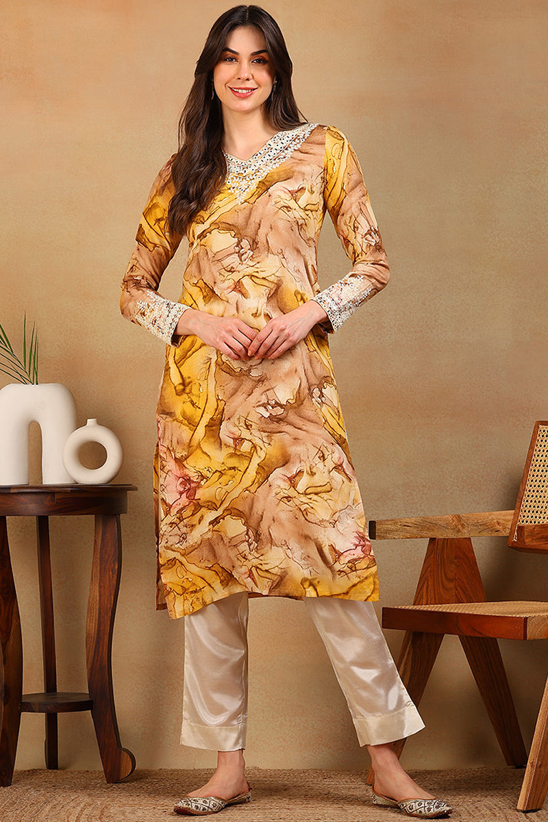 ZERESOUQ-Mustard-Viscose-Rayon-Tie-and-Dye-Printed-Straight-Kurta