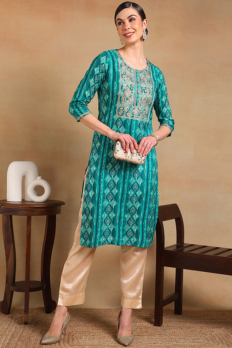 ZERESOUQ-Turquoise-Blue-Viscose-Rayon-Ethnic-Motifs-Printed-Kurta