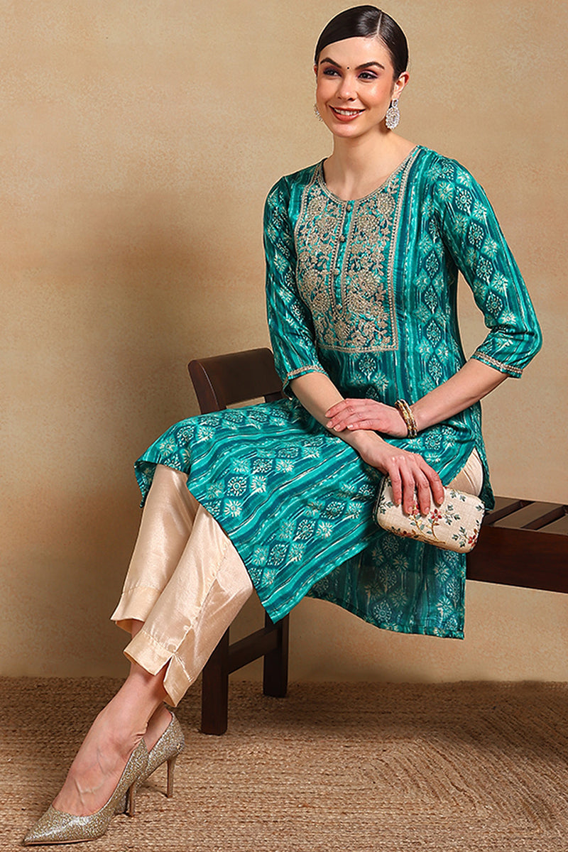 Turquoise-Blue-Viscose-Rayon-Ethnic-Motifs-Printed-Kurta