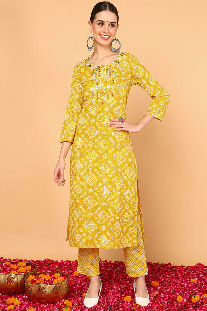 ZERESOUQ-Yellow-Cotton-Bandhani-Printed-Straight-Kurta