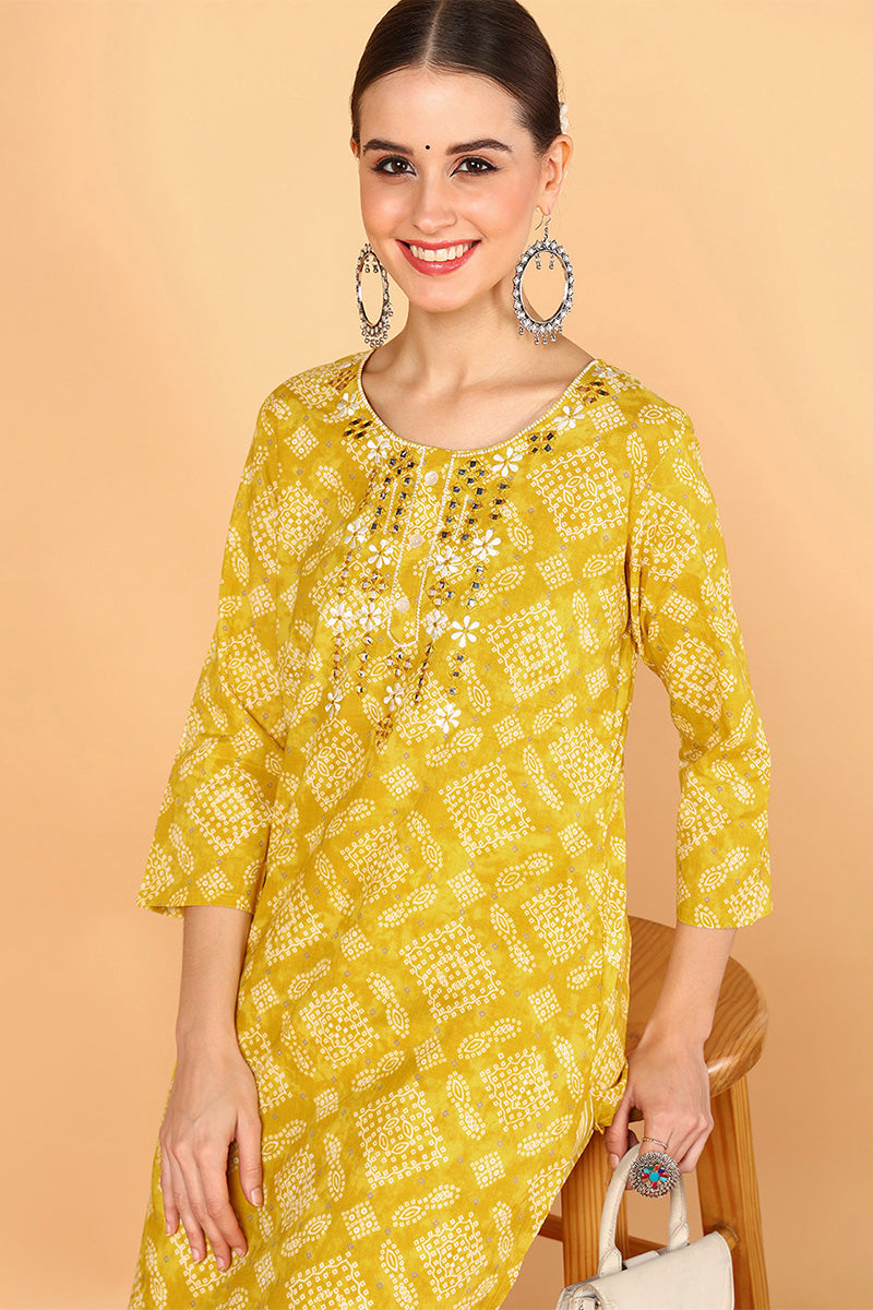 ZERESOUQ-Yellow-Cotton-Bandhani-Printed-Straight-Kurta