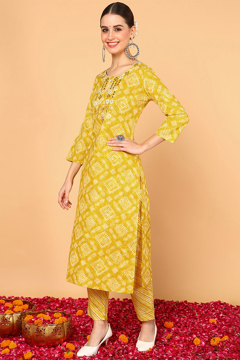 ZERESOUQ-Yellow-Cotton-Bandhani-Printed-Straight-Kurta