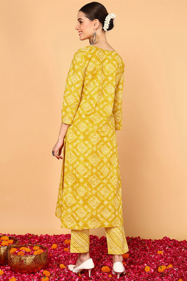 ZERESOUQ-Yellow-Cotton-Bandhani-Printed-Straight-Kurta