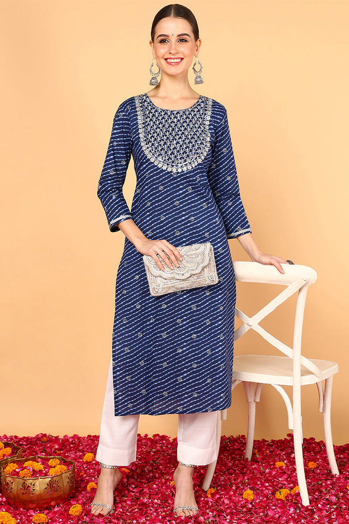 Navy Blue Cotton Leheriya Printed Straight Kurta