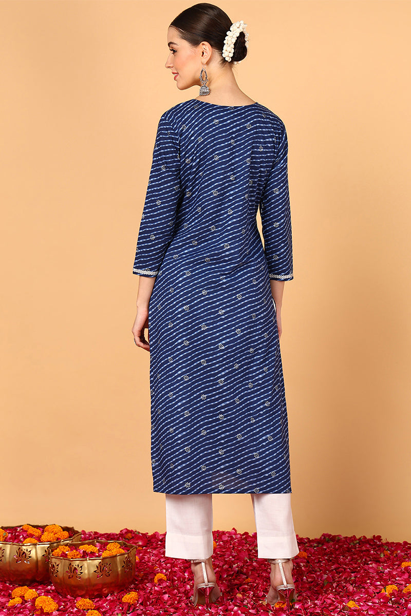 Navy Blue Cotton Leheriya Printed Straight Kurta