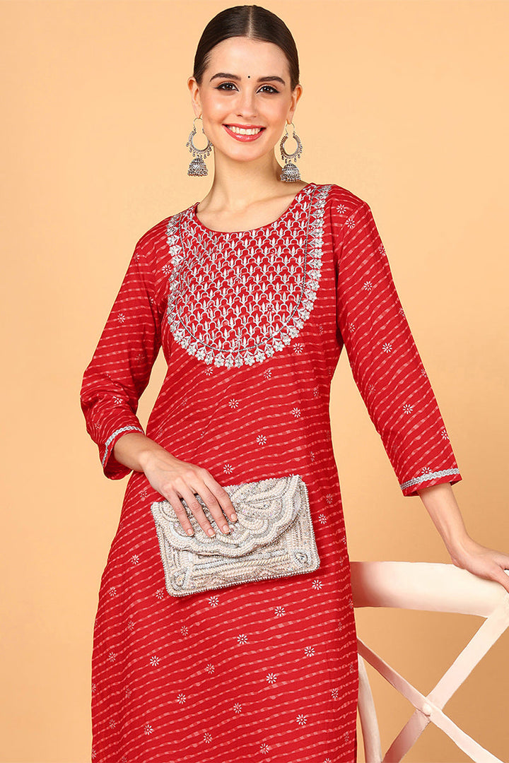 Red Cotton Leheriya Printed Straight Kurta