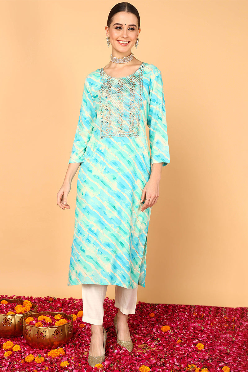ZERESOUQ-Turquoise-Blue-Viscose-Rayon-Yoke-Design-Straight-Kurta