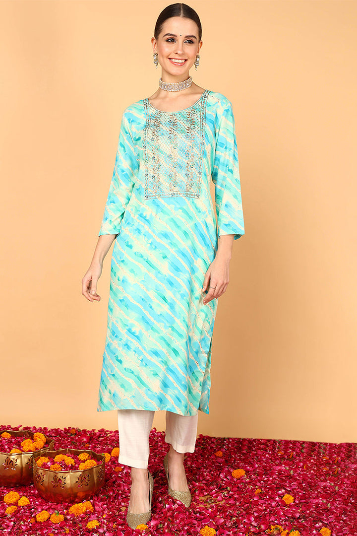 ZERESOUQ-Turquoise-Blue-Viscose-Rayon-Yoke-Design-Straight-Kurta