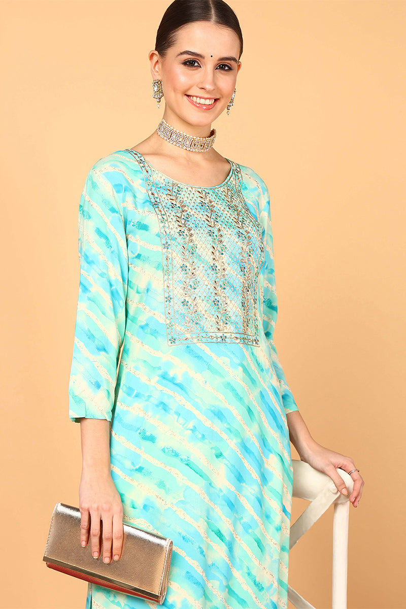 ZERESOUQ-Turquoise-Blue-Viscose-Rayon-Yoke-Design-Straight-Kurta