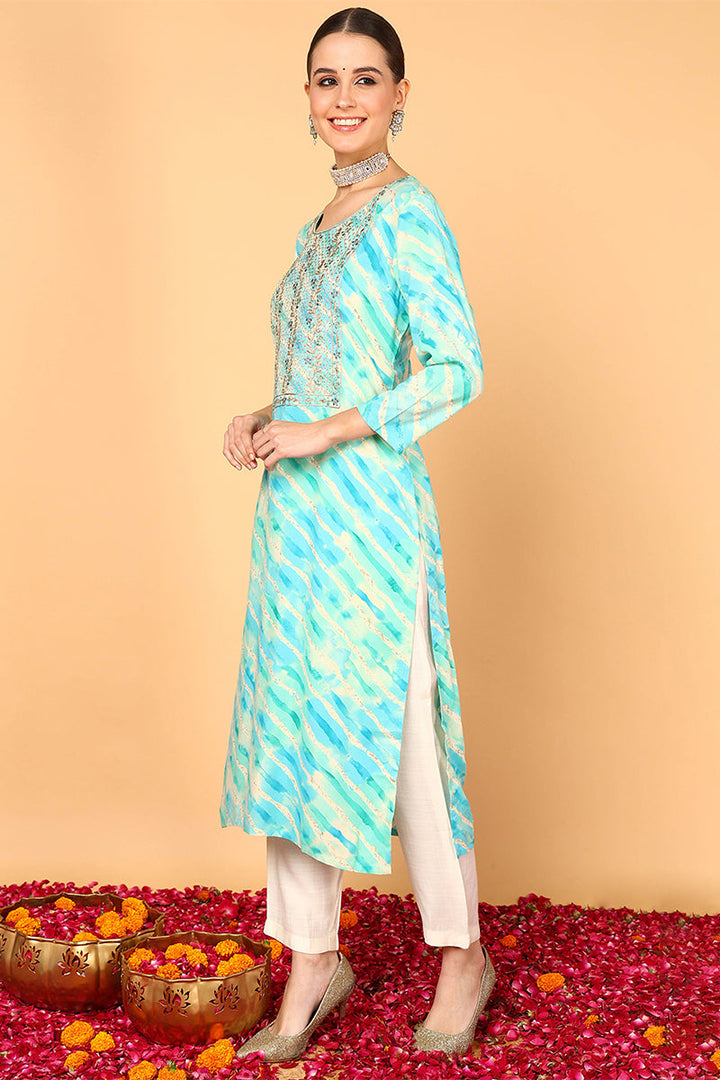 ZERESOUQ-Turquoise-Blue-Viscose-Rayon-Yoke-Design-Straight-Kurta