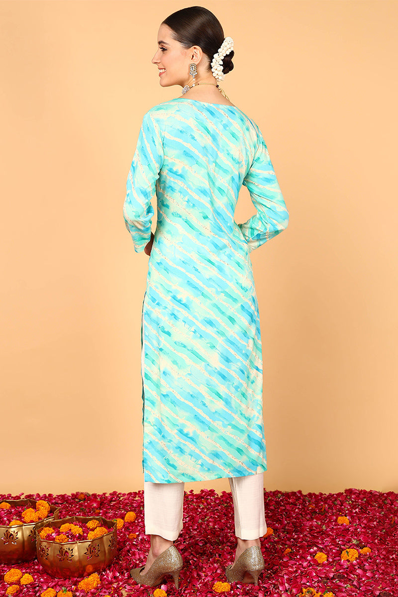 ZERESOUQ-Turquoise-Blue-Viscose-Rayon-Yoke-Design-Straight-Kurta