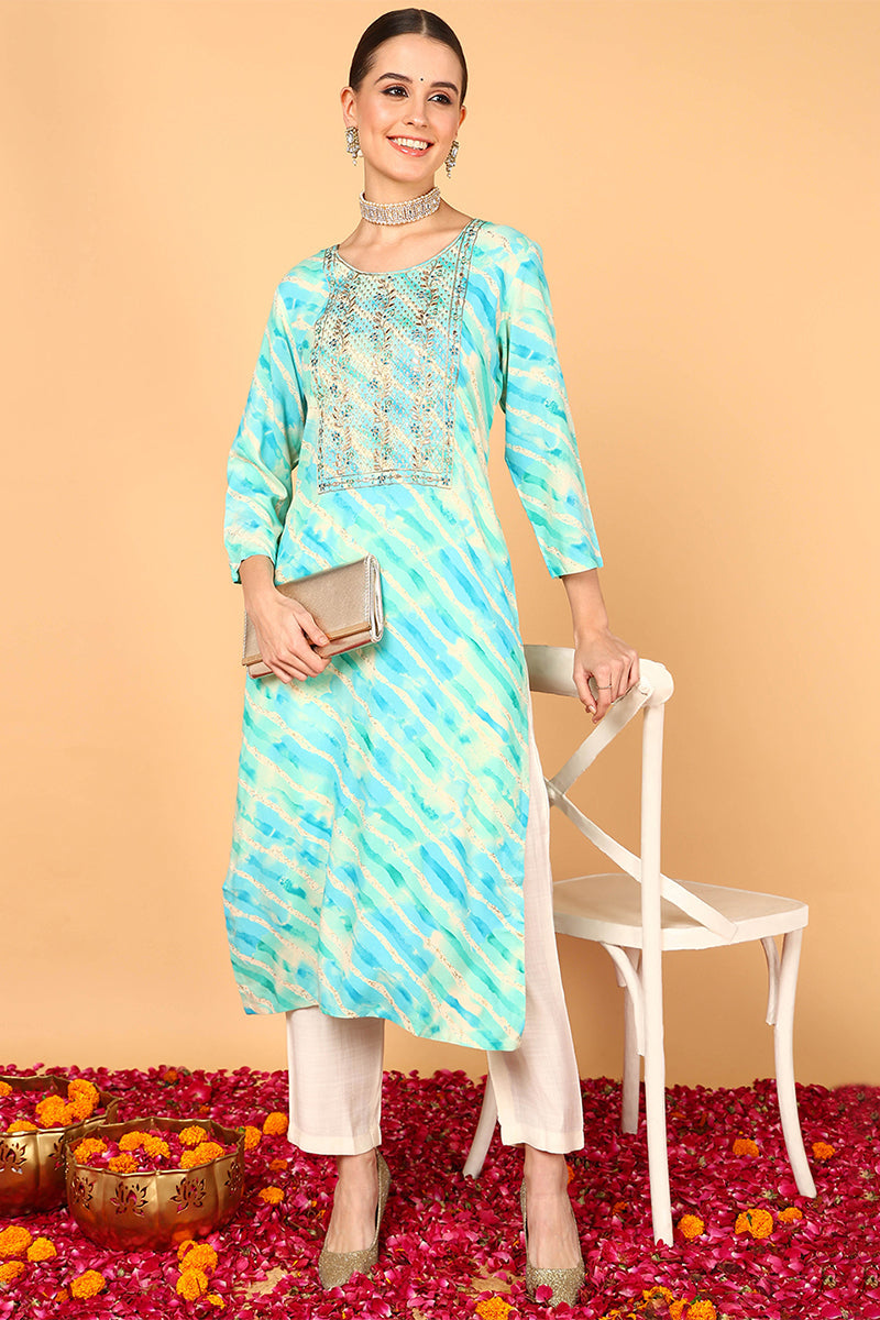 ZERESOUQ-Turquoise-Blue-Viscose-Rayon-Yoke-Design-Straight-Kurta