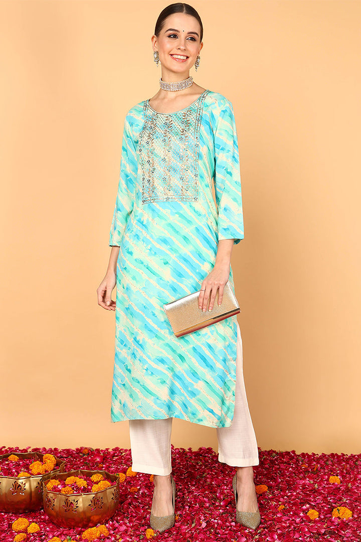 ZERESOUQ-Turquoise-Blue-Viscose-Rayon-Yoke-Design-Straight-Kurta