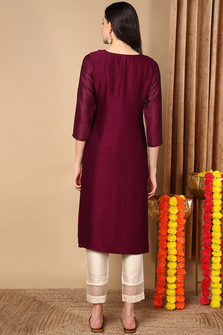 ZERESOUQ-Burgundy-Silk-Blend-Solid-Embroidered-Straight-Kurta