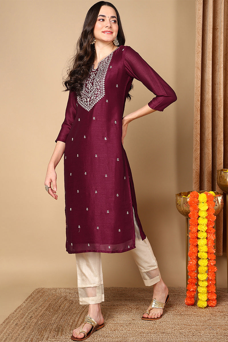 ZERESOUQ-Burgundy-Silk-Blend-Solid-Embroidered-Straight-Kurta