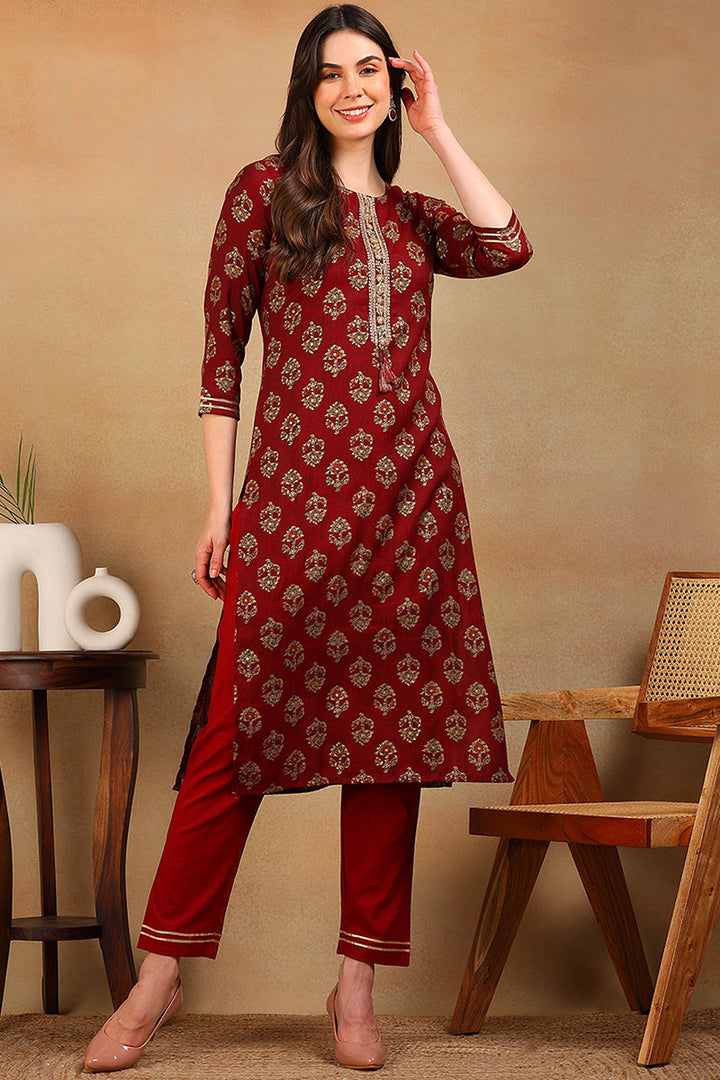 ZERESOUQ-Maroon-Cotton-Blend-Ethnic-Motifs-Printed-Straight-Kurta
