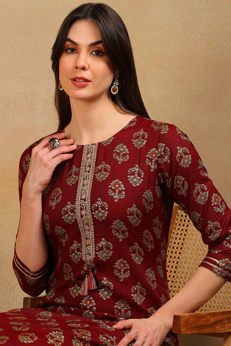 ZERESOUQ-Maroon-Cotton-Blend-Ethnic-Motifs-Printed-Straight-Kurta