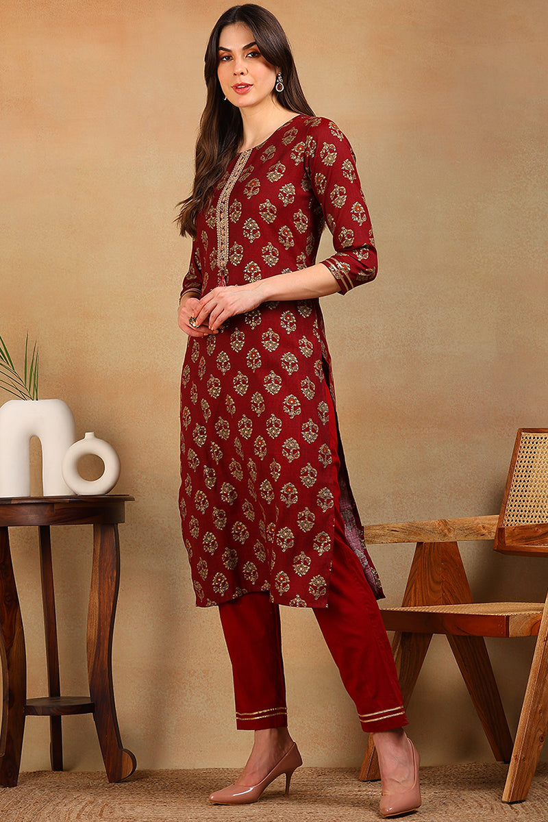 ZERESOUQ-Maroon-Cotton-Blend-Ethnic-Motifs-Printed-Straight-Kurta