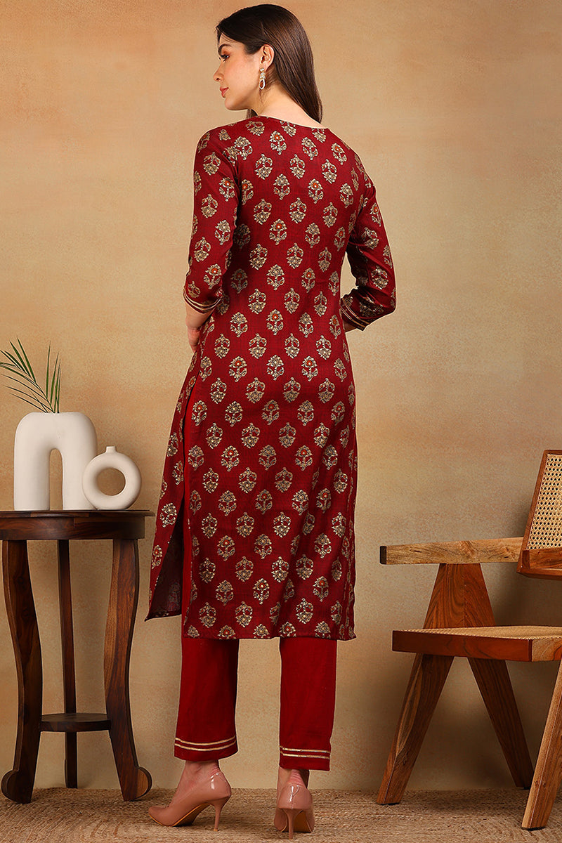 ZERESOUQ-Maroon-Cotton-Blend-Ethnic-Motifs-Printed-Straight-Kurta
