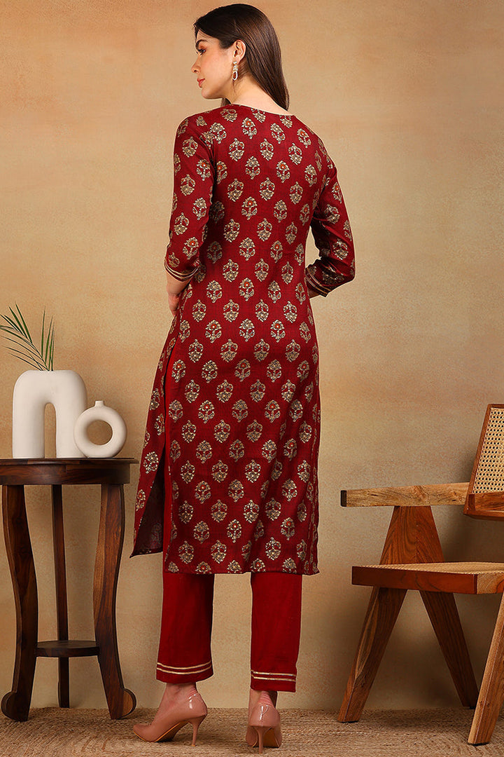 ZERESOUQ-Maroon-Cotton-Blend-Ethnic-Motifs-Printed-Straight-Kurta