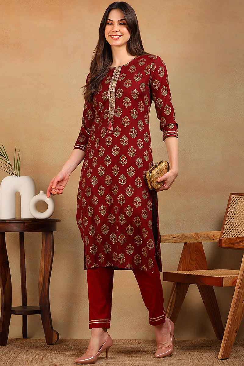 ZERESOUQ-Maroon-Cotton-Blend-Ethnic-Motifs-Printed-Straight-Kurta