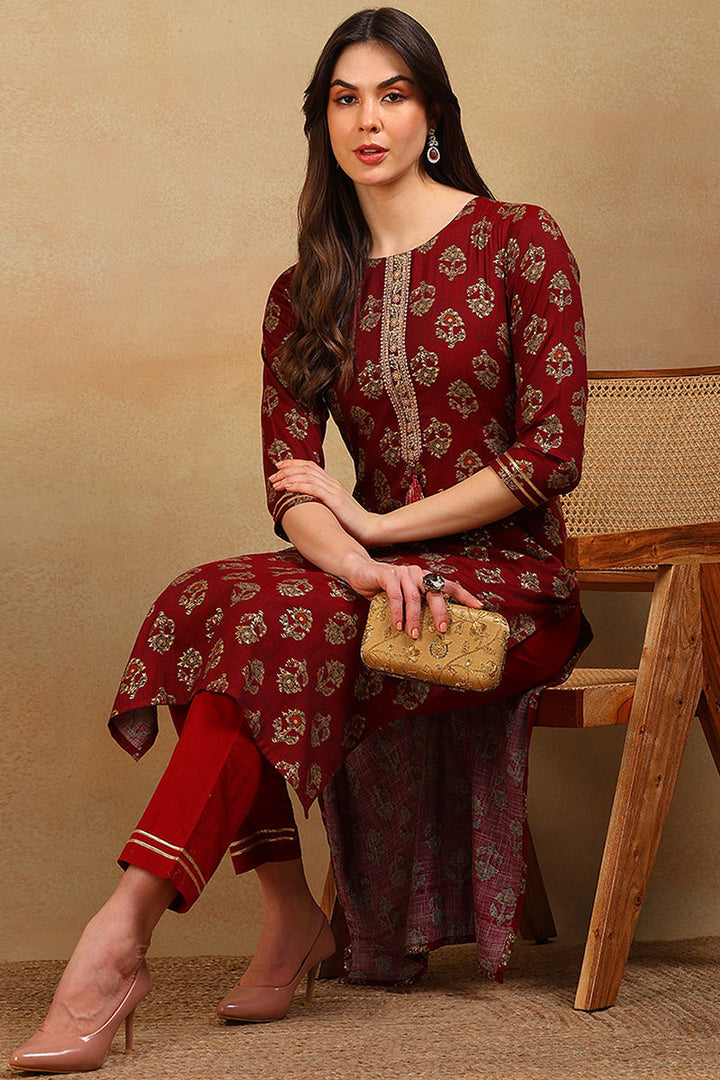 ZERESOUQ-Maroon-Cotton-Blend-Ethnic-Motifs-Printed-Straight-Kurta