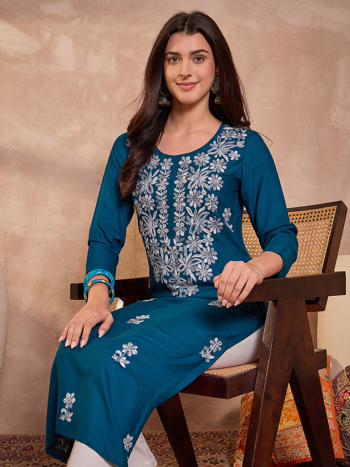 Blue Viscose Rayon Emboidered Kurta