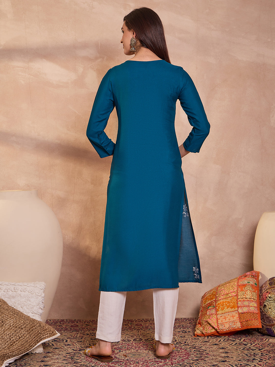 Blue Viscose Rayon Emboidered Kurta