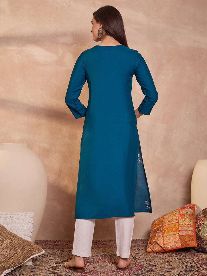 Blue Viscose Rayon Emboidered Kurta