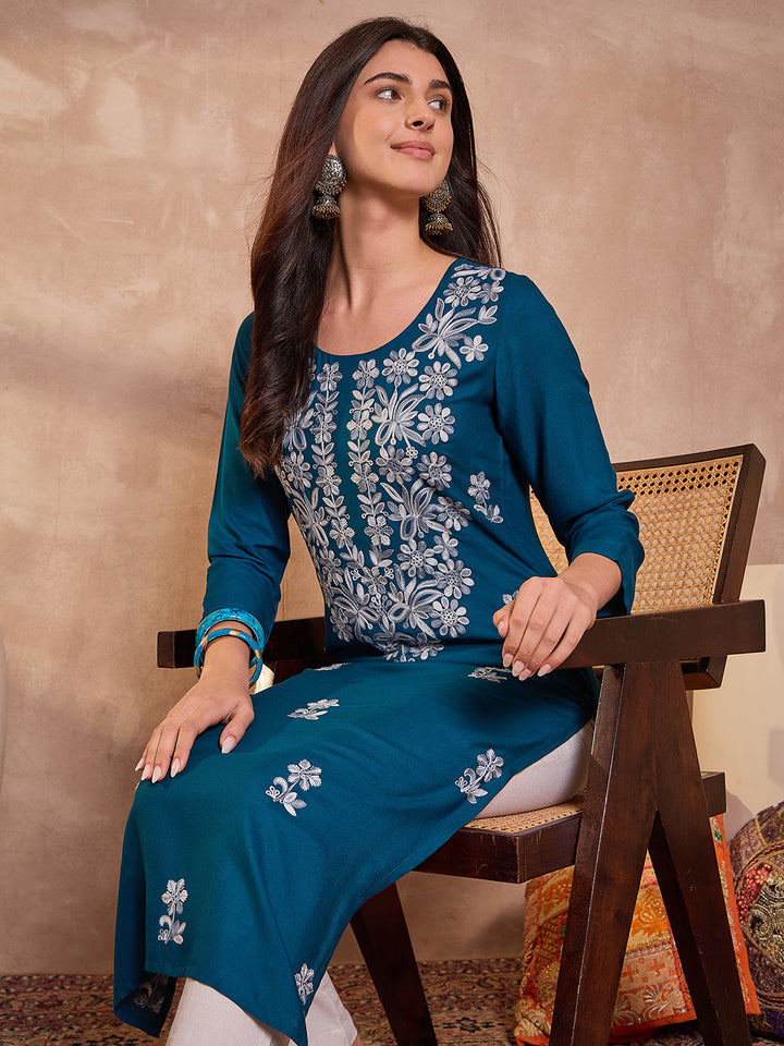 Blue Viscose Rayon Emboidered Kurta