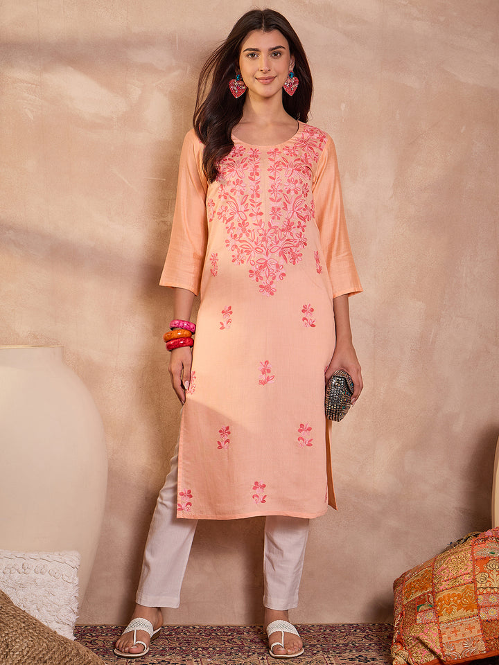 Peach Viscose Rayon Emboidered Kurta
