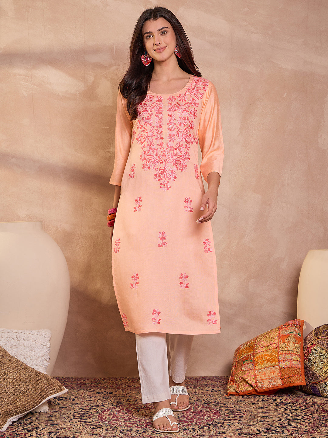 Peach Viscose Rayon Emboidered Kurta