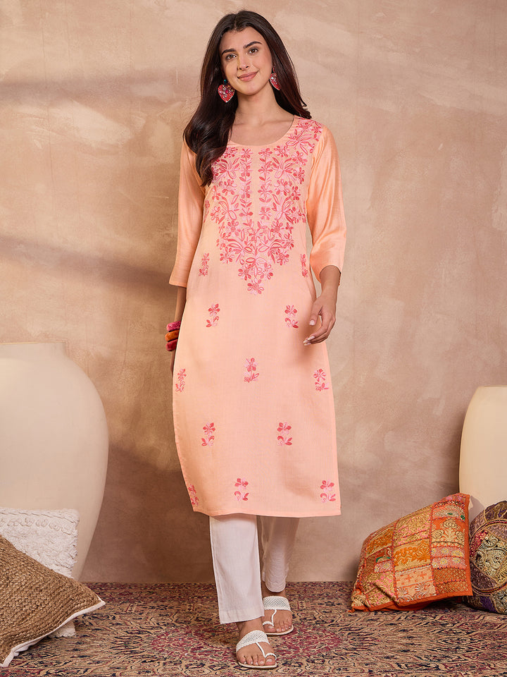 Peach Viscose Rayon Emboidered Kurta