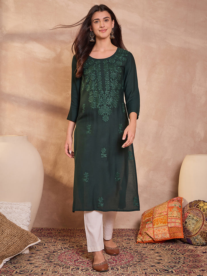 Green Viscose Rayon Emboidered Kurta