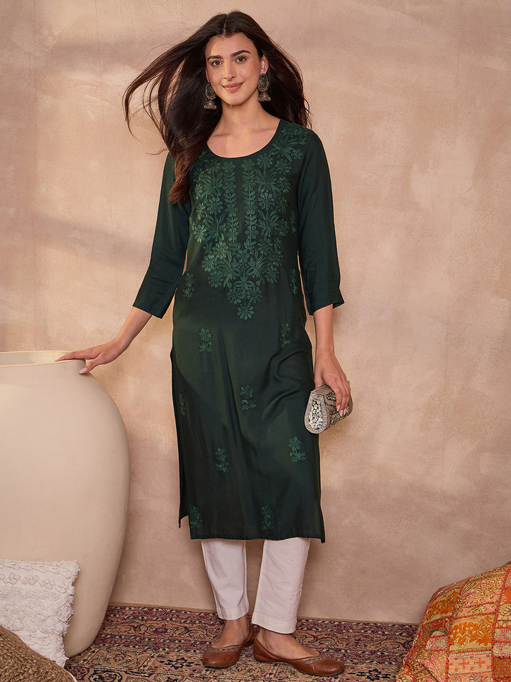 Green Viscose Rayon Emboidered Kurta