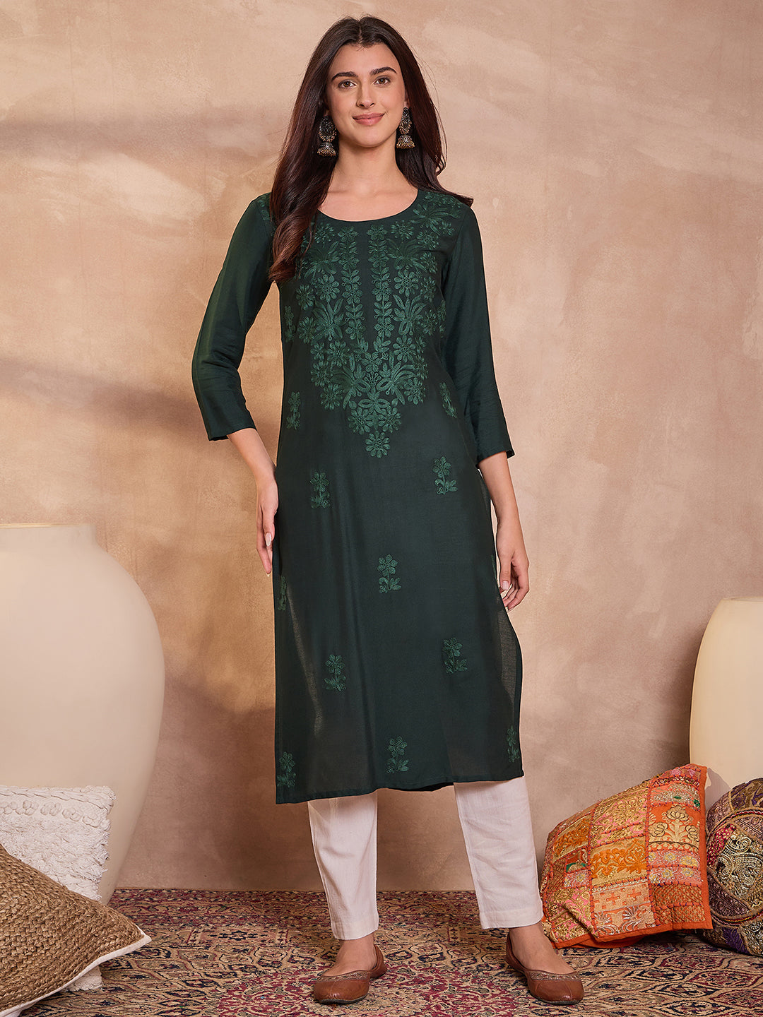 Green Viscose Rayon Emboidered Kurta