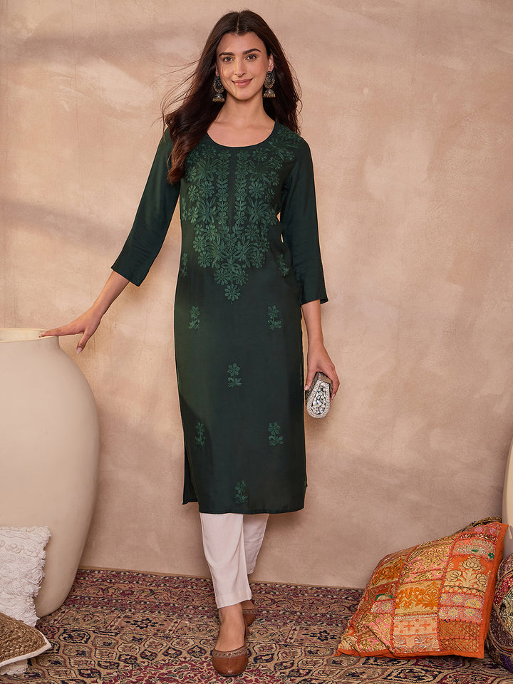 Green Viscose Rayon Emboidered Kurta