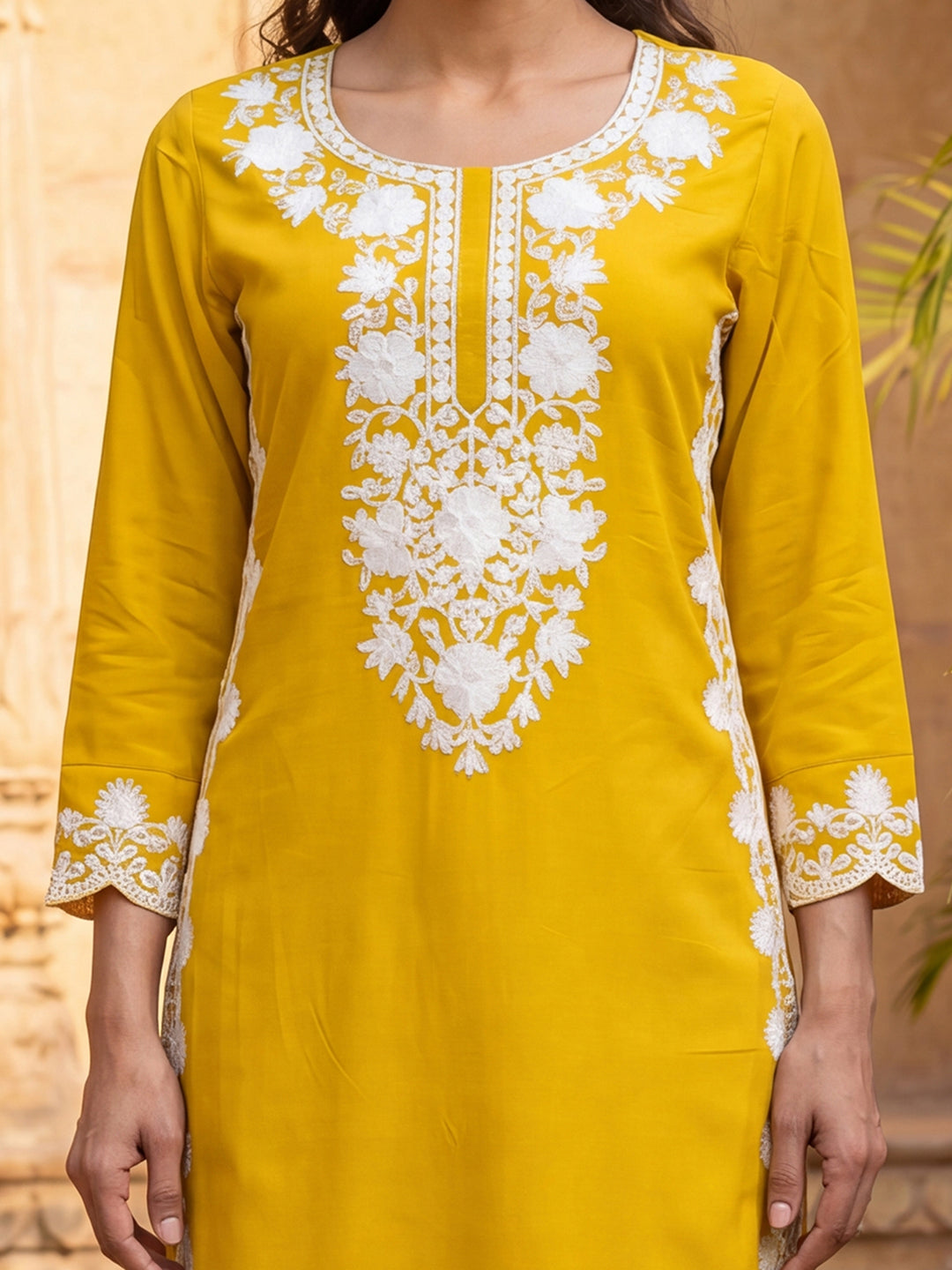 Yellow Viscose Rayon Solid Embroidered Regular Kurta