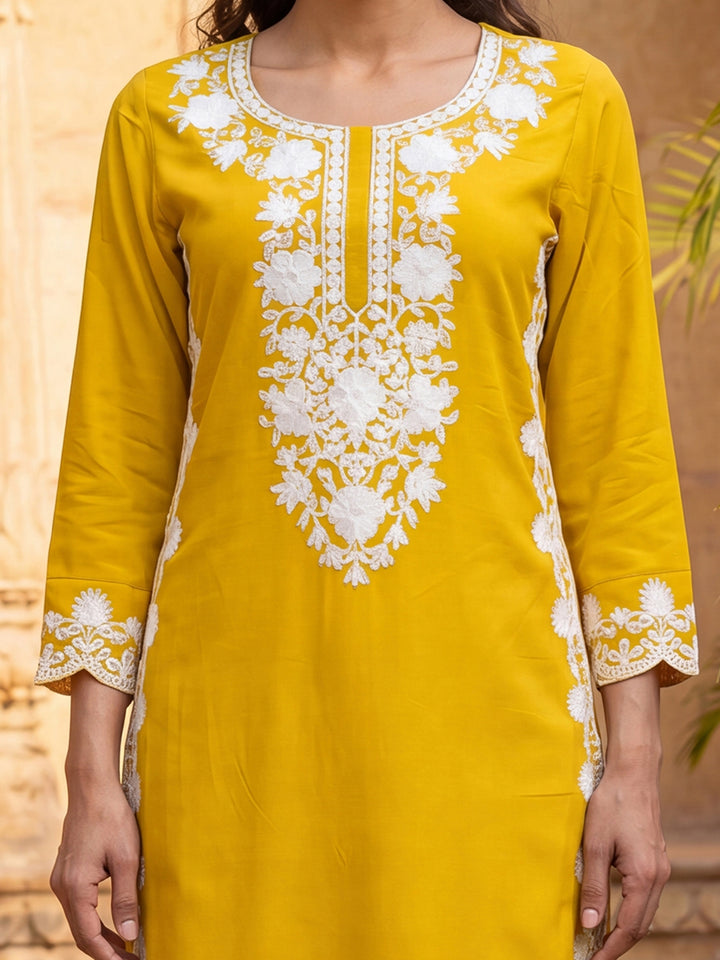 Yellow Viscose Rayon Solid Embroidered Regular Kurta