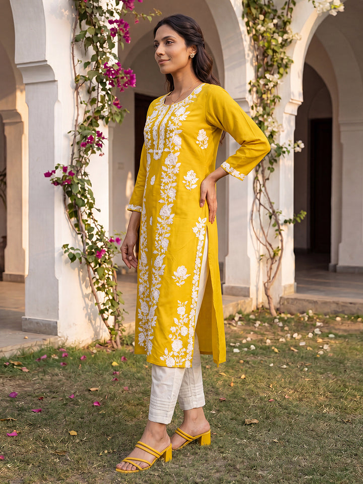 Yellow Viscose Rayon Solid Embroidered Regular Kurta