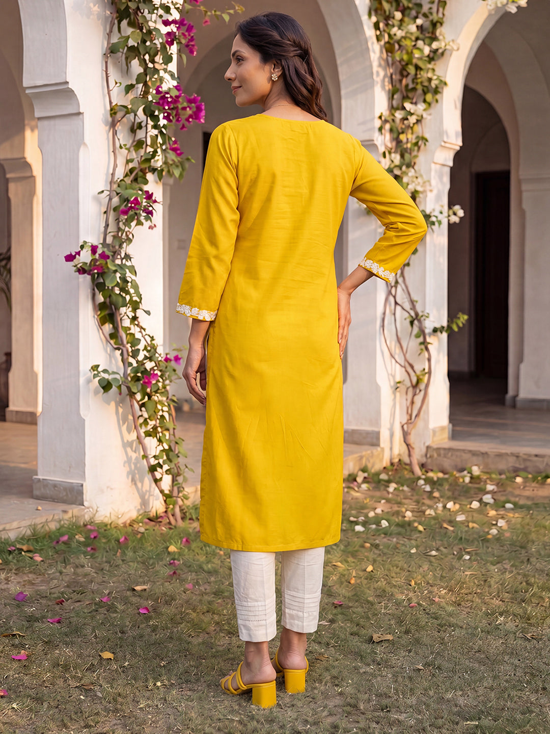 Yellow Viscose Rayon Solid Embroidered Regular Kurta