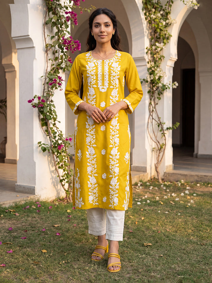 Yellow Viscose Rayon Solid Embroidered Regular Kurta