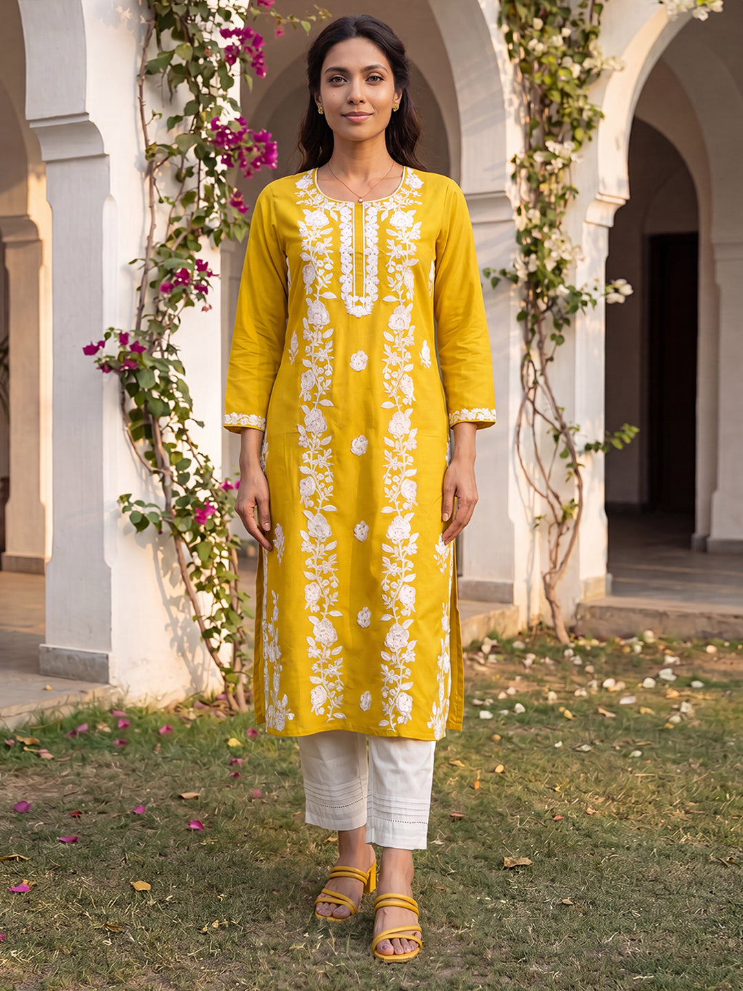 Yellow Viscose Rayon Solid Embroidered Regular Kurta