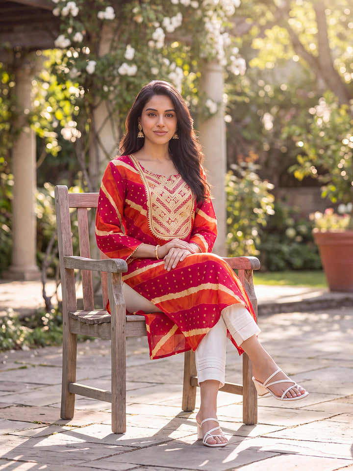 Multicolor Leheriya Printed Rayon Kurta