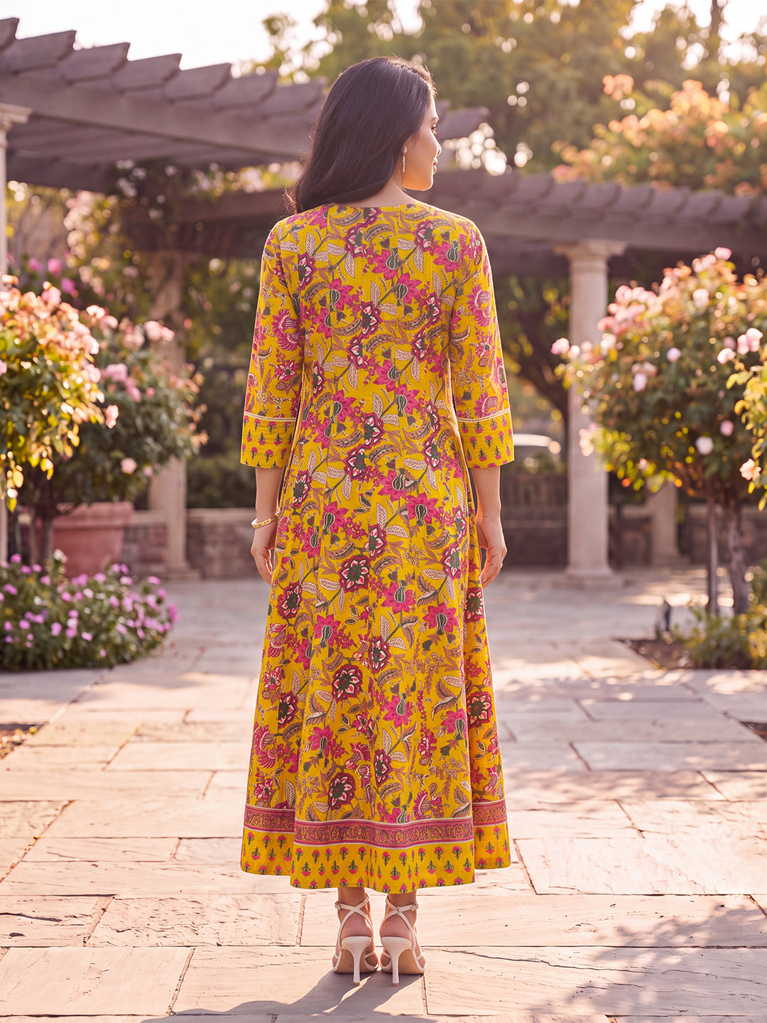 Yellow Floral Printed Cotton Blend Kurta