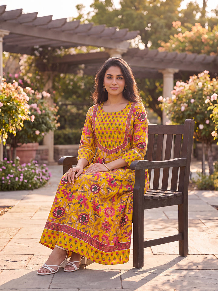 Yellow Floral Printed Cotton Blend Kurta