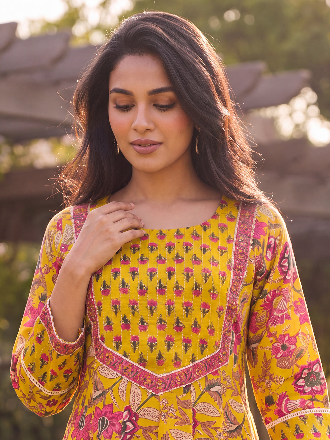 Yellow Floral Printed Cotton Blend Kurta