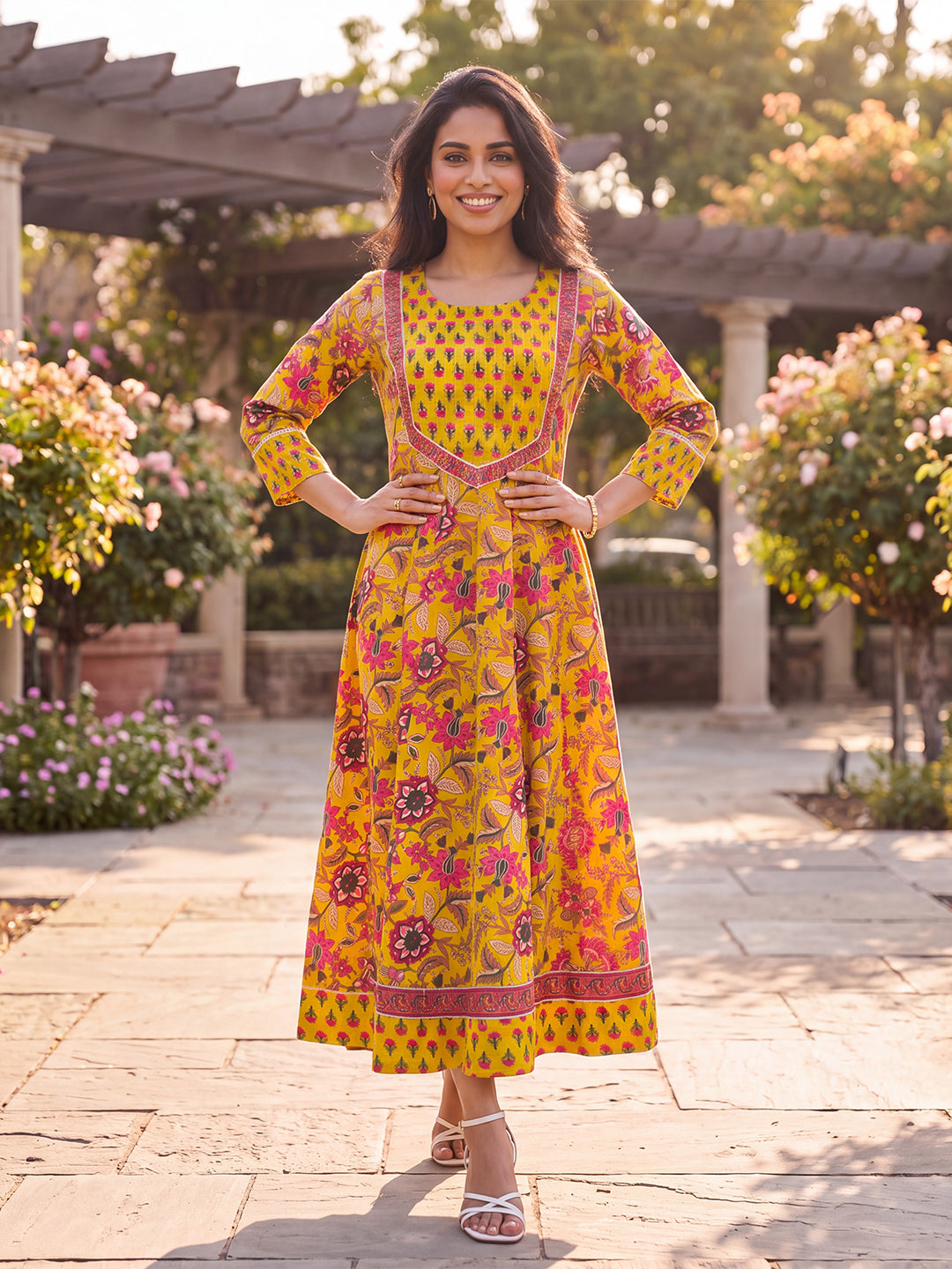 Yellow Floral Printed Cotton Blend Kurta